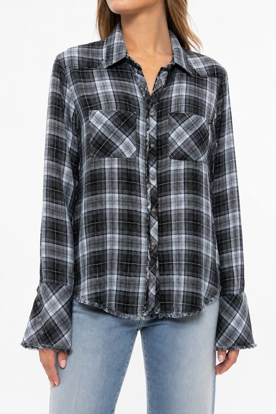William Rast Mercer Tartan Plaid Western Snap Shirt Raw Hem NWT Women M Cowgirl
